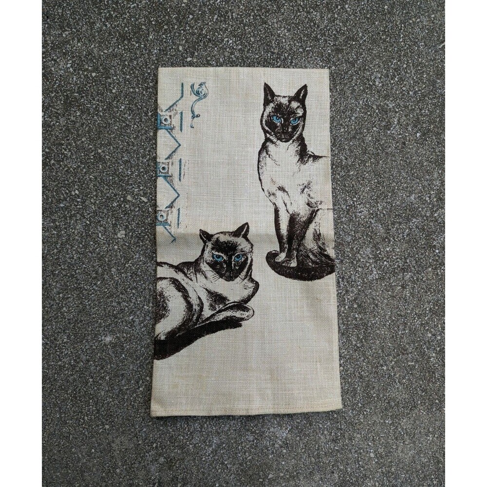 Siamese Cats Vintage Linen Tea Towel Mid-Century Kitchen Decor Retro Cat